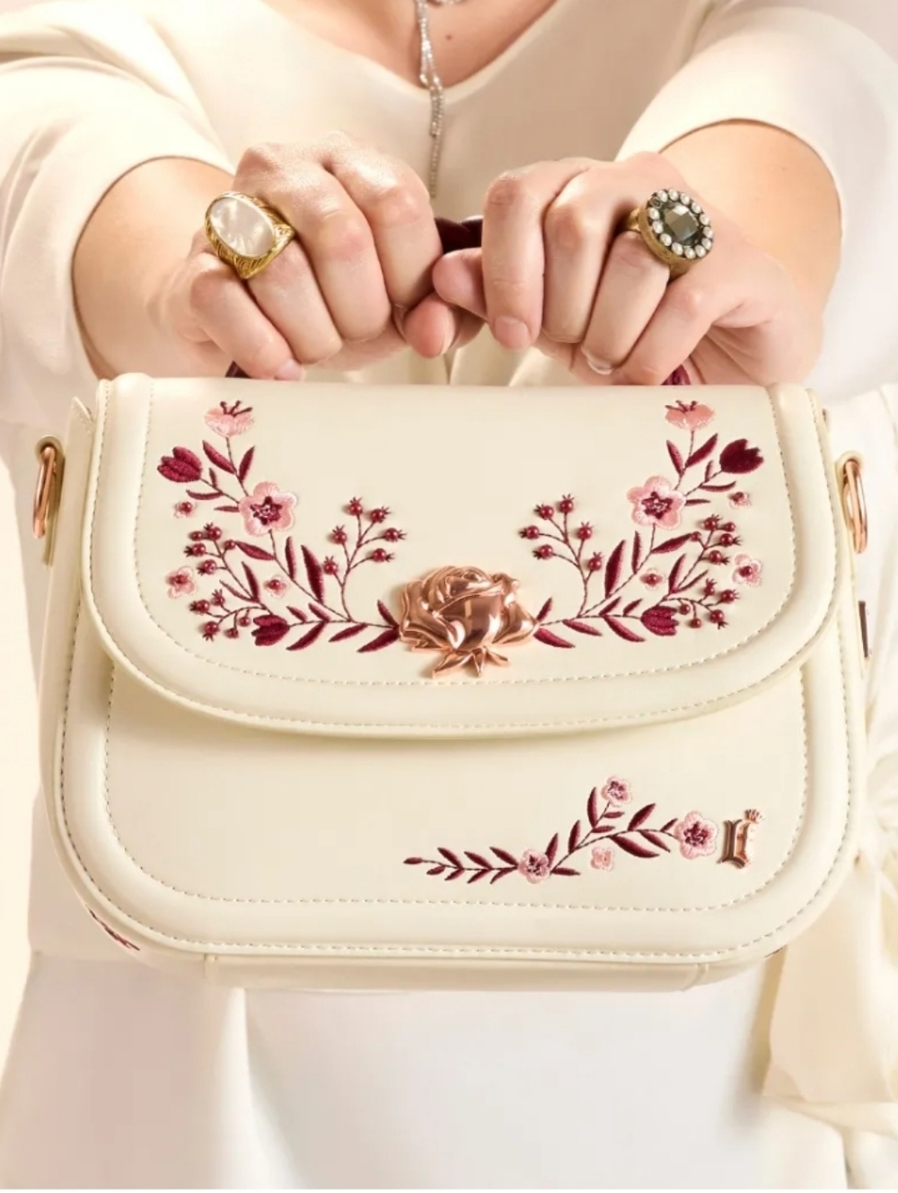 NWT Loungefly Cream Floral Embroidered Satchel with Rose Gold Accent